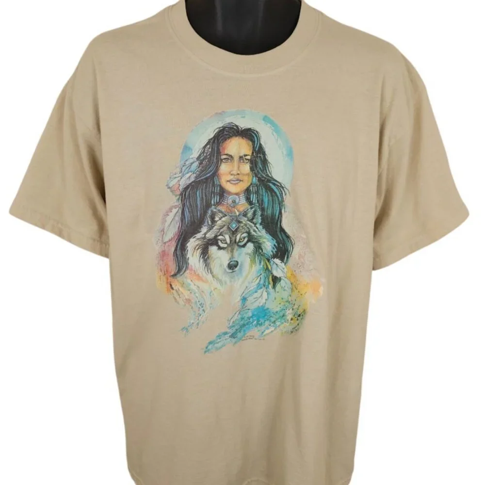 Vintage Eyes Of The Wolf T Shirt Mens Size Large Beige Y2K Native Jan Taylor Art - Picture 2 of 7